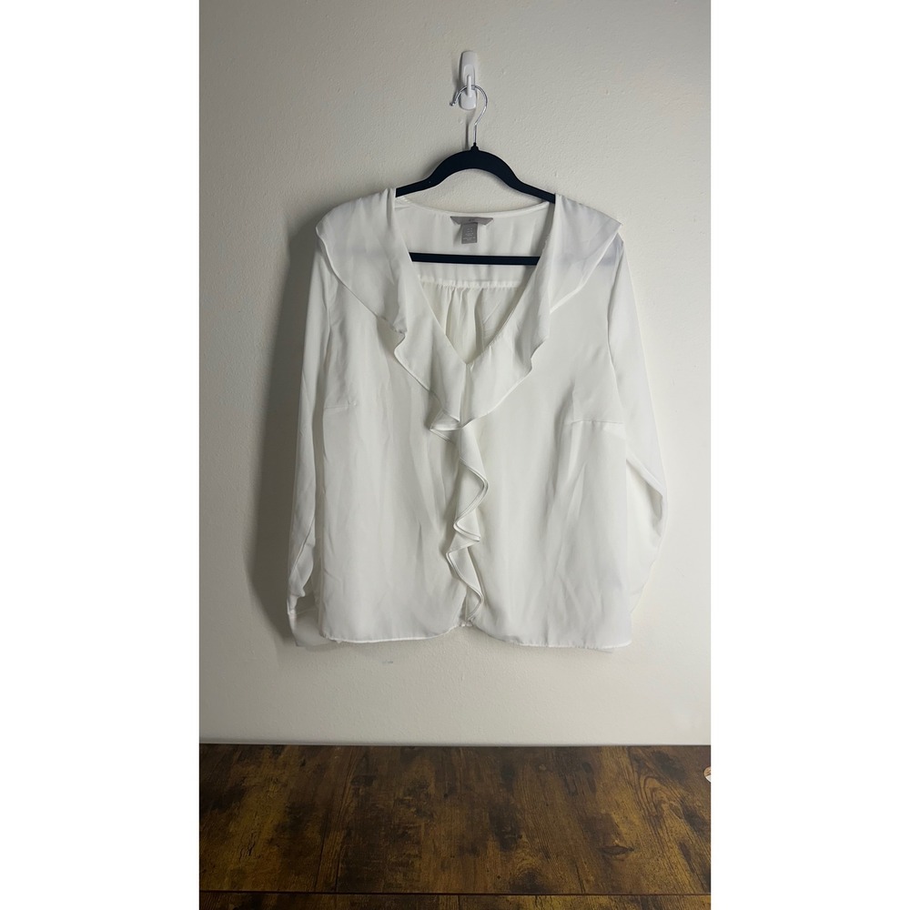HM White Ruffle V Neck Blouse Long Sleeve Career Top size 14